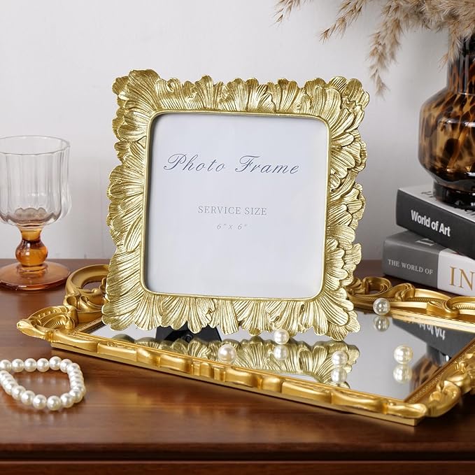 Cuspin 6x6 Gold Picture Frame, Vintage Gold Palm Leaves Textured Hand-Crafted Resin Frames with Glass Front, Retro Square Photo Frame for Wall and Tabletop Display Home Decor