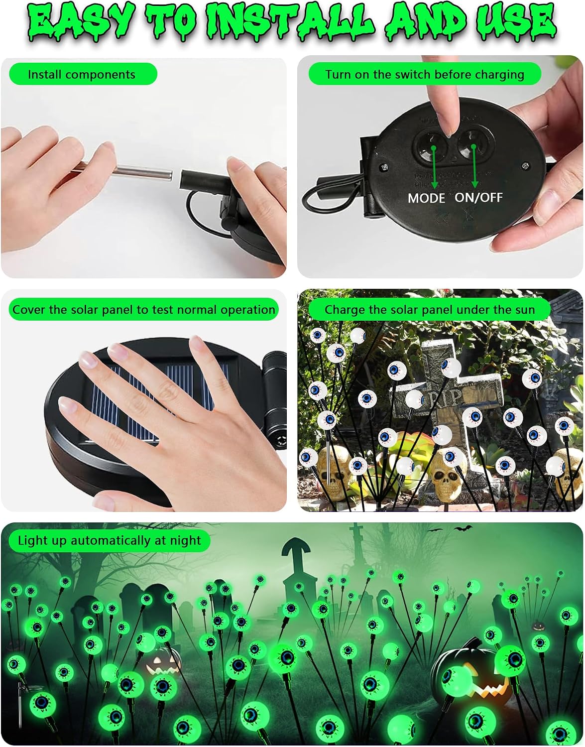 Solar Halloween Decorations Outdoor 6 Pack 36 LED Green Solar Eyeball Light