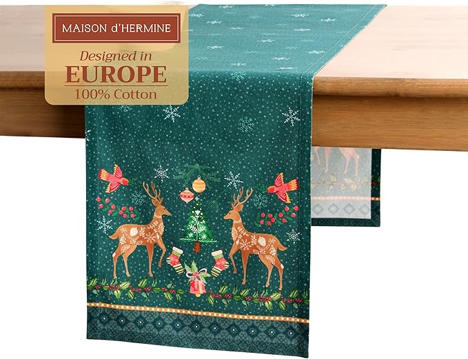 Maison d' Hermine Table Runner 100% Cotton Single Layer Table Runners 72 inches Long for Thanksgiving Christmas Decorations Home Kitchen Dining Party Wedding (Hygge Christmas, 14.5" x 72")