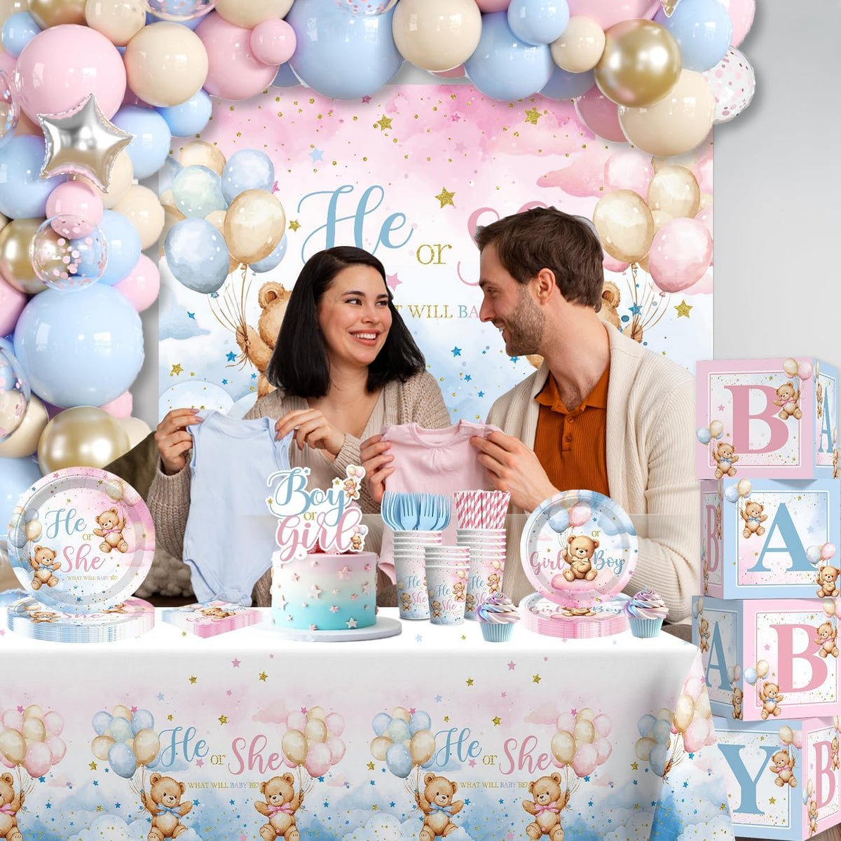 cocomigo 232pcs bear gender reveal decorations complete party on a desk or shelf
