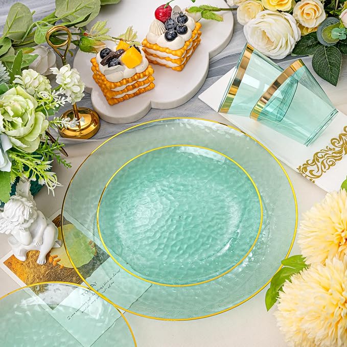 Rubtlamp 175 Pcs Green Plastic Plates Dinnerware Set (25 Guests), Hammered Plates Sets, Green Plastic Party Plates Set include 50 Disposable Plates Set, 75 Gold Plastic Silverware, 25 Cups 25 Napkins