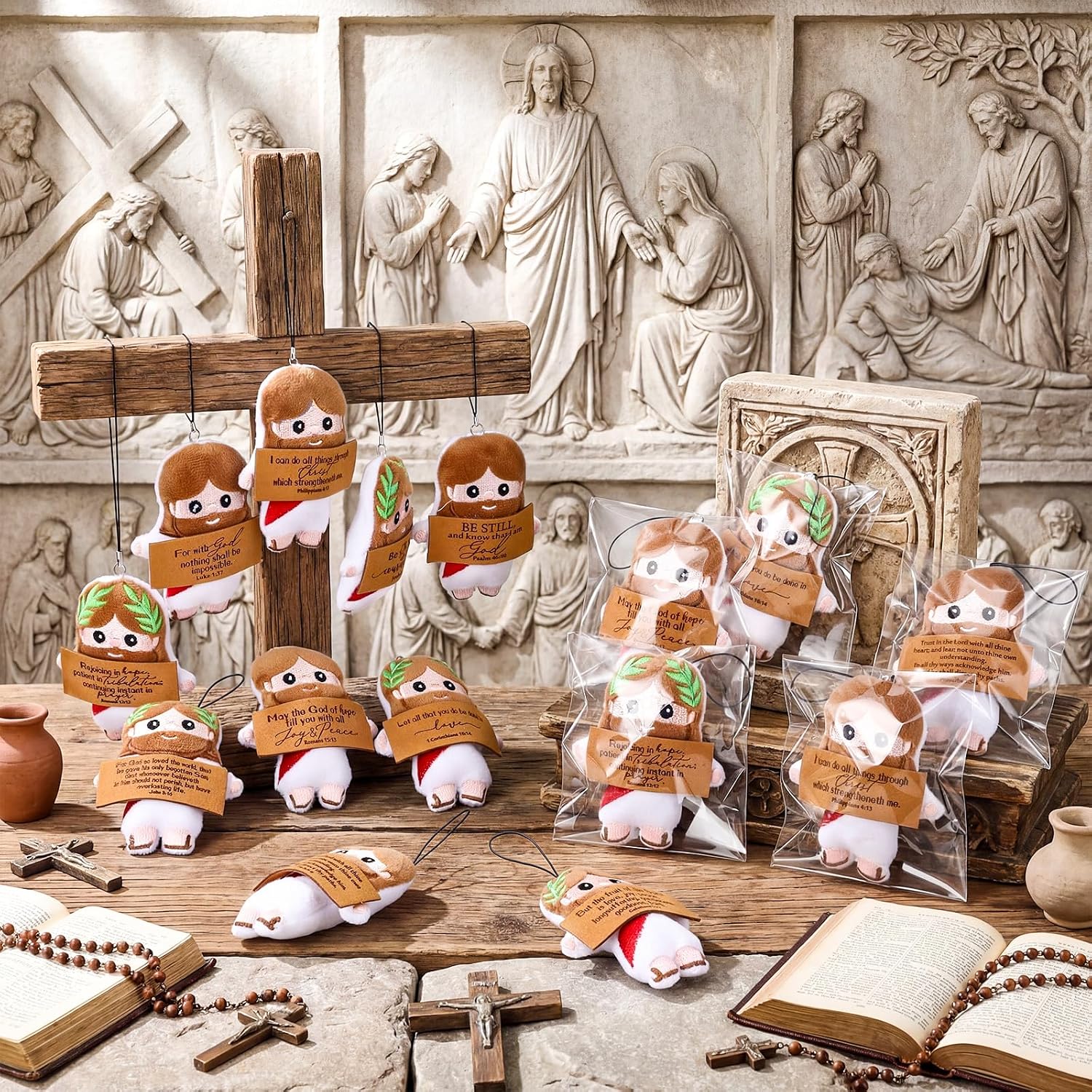 20 Positive Jesus Gift Plush Bulk Christian Gifts for Church Pendant Savior Religious Keychain with Inspirational Card for Sunday School Bible Study Group Baptism Party Favors Women Men