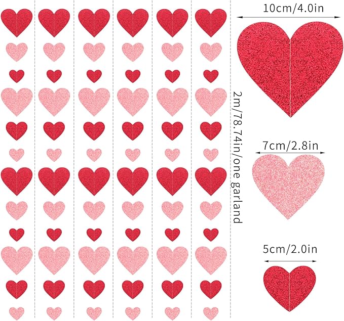 Red Pink Party-Decoration Heart Garland - 40ft Galentines Hanging Paper Streamers, Proposal Anniversary Romantic Birthday Baby Shower Rustic Wedding Hanging Ornaments Decor Hugfond