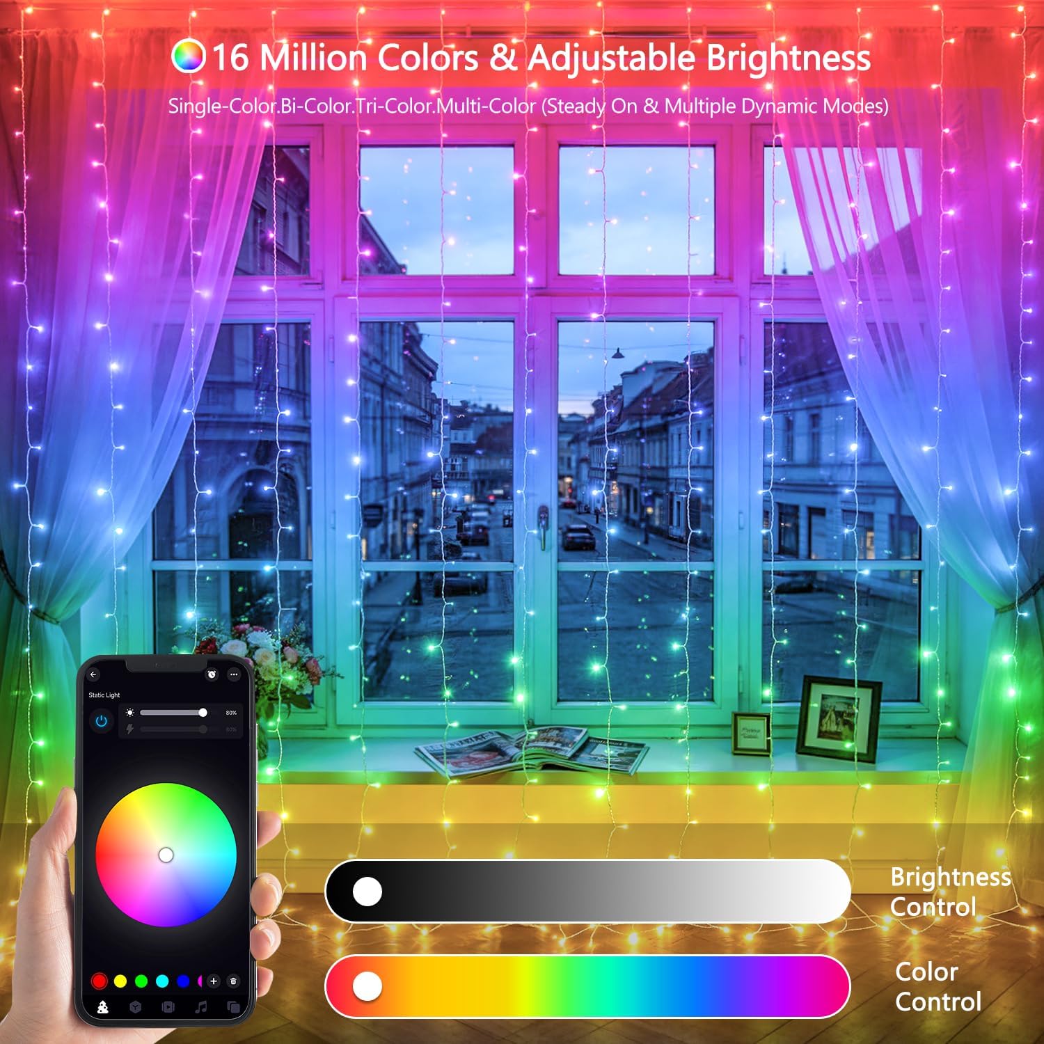 JMEXSUSS RGB Curtain Lights, 300 LED 9.8×9.8FT, Color Changing String Lights with APP & Remote Control, 16 Million Colors, IP44 Waterproof, Holiday Lights for Bedroom Party Wedding 4th of July Decor