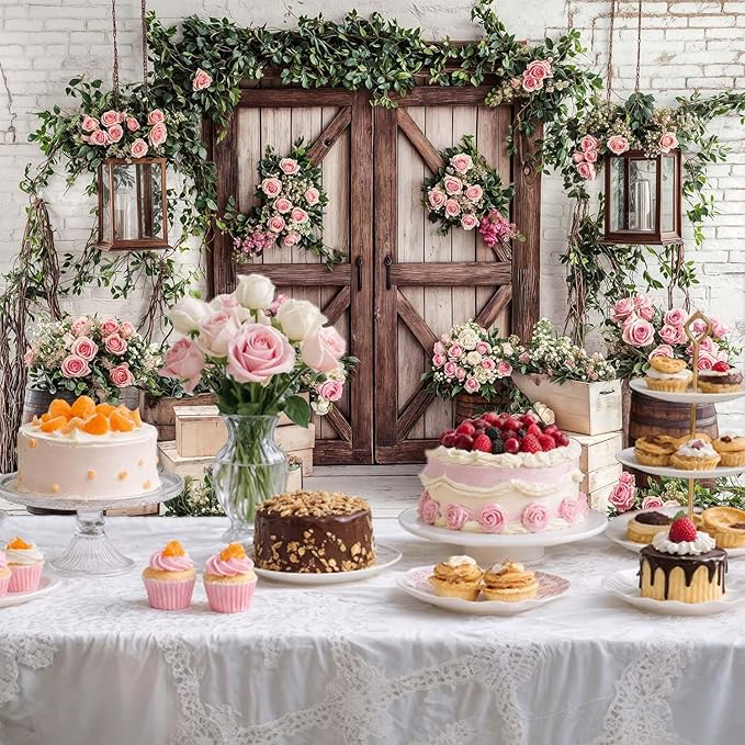 6x6ft Country Wedding Photography Backdrop Floral Rustic Roses Farmhouse Wooden Door Backdrop Pink Flower Birthday Baby Shower Wedding Bridal Party Banner Photo Booth Props Anniversary Background