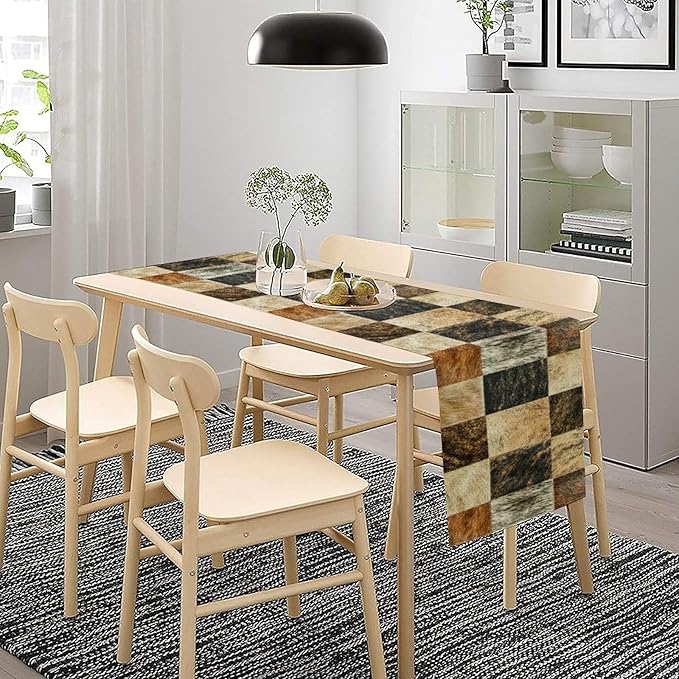 Rustic Cow Skin Patchwork Print Table Runner, Farmhouse Country Western Style Fur Table Cover for Dinning Home Party Holidays Home Setting, 13x60 Inch
