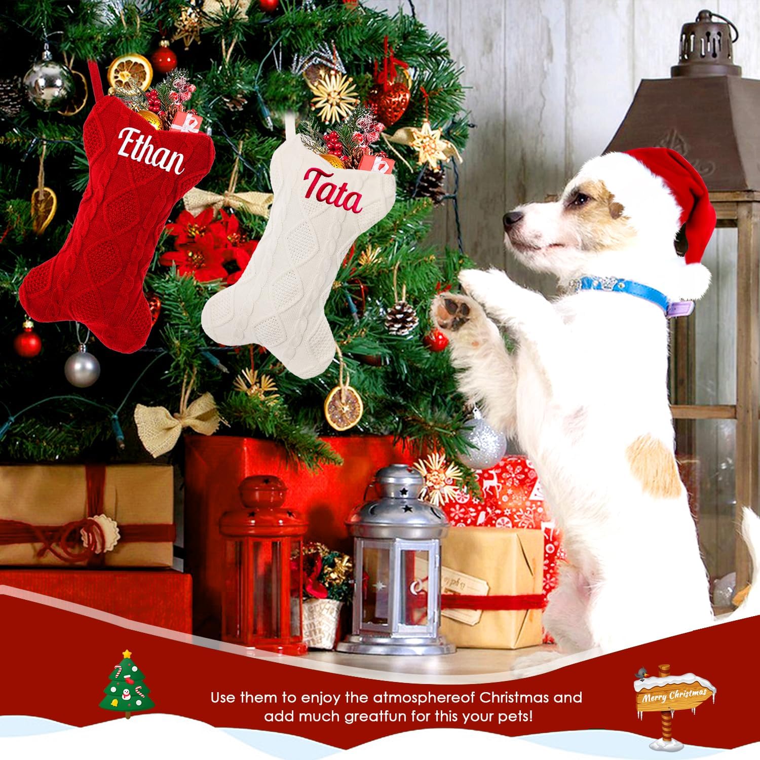 1Pc Personalized Dog Christmas Stockings, Custom Embroidered Name Pet Dog Stockings Christmas, Family Knitted Bone Xmas Stocking with Name for Dogs