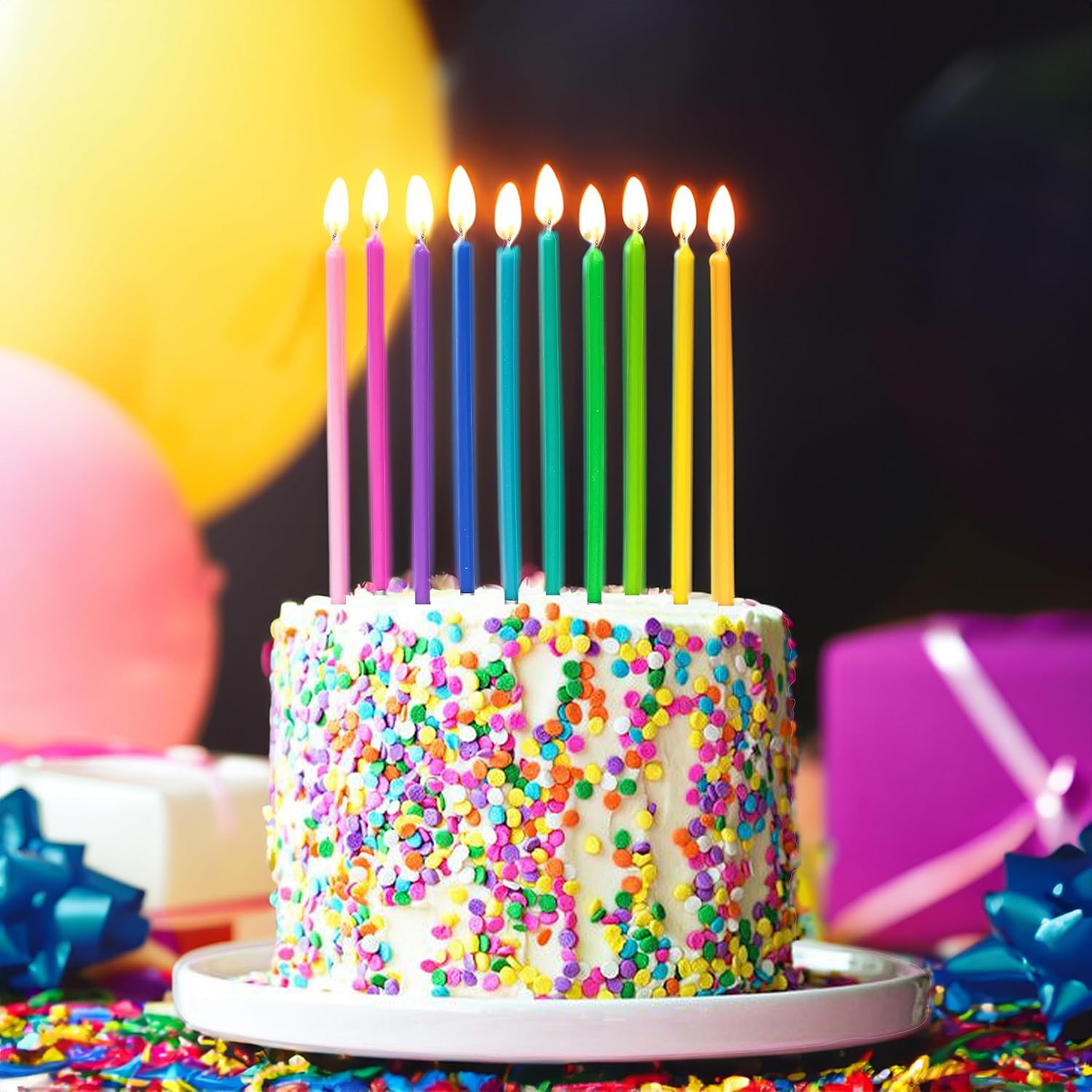 40-Count Rainbow Birthday Candles, Tall Thin Birthday Cake Candles Set, Rainbow Cupcake/Cake Decorations