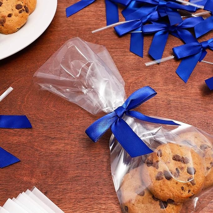Bright Creations Gift Bows with Twist Ties 100Ct - 3-Inch Satin Bows & 5.7-Inch Polyester Ties, Dark Blue - Gift Wrap Ribbon for Party Favor & Treat Bags