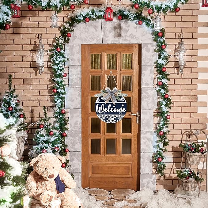 CHDITB Blue Welcome Winter Front Door Sign Wreath(11.4”), Wooden 3D Welcome Home Decoration Wall Hanging with Plaid Bow Snowflake, Farmhouse Christmas New Year Decor for Home Office