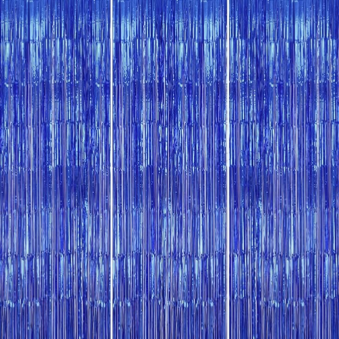 3 Pack Foil Fringe Backdrop - Royal Blue Shiny Tinsel Curtains for Party Decoration/Photo Booth Props - 3.3x8.2 FT Metallic Foil Backdrop for Birthday, Wedding, Graduation, Christmas.