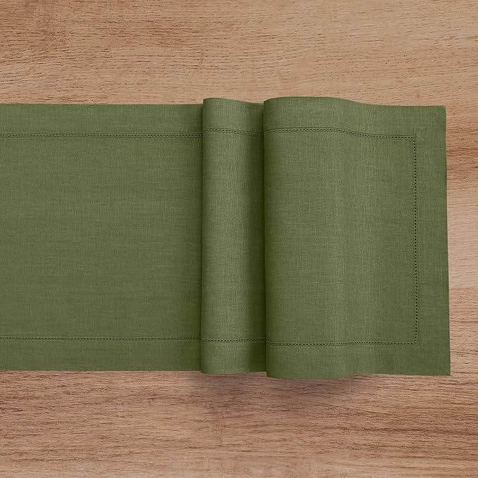 Solino Home Linen Table Runner 60 Inches - 100% Pure Linen Olive Hemstitch Table Runner 14 x 60 Inch Ideal for Dresser and Coffee Tables - Classic Hemstitch - Thanksgiving