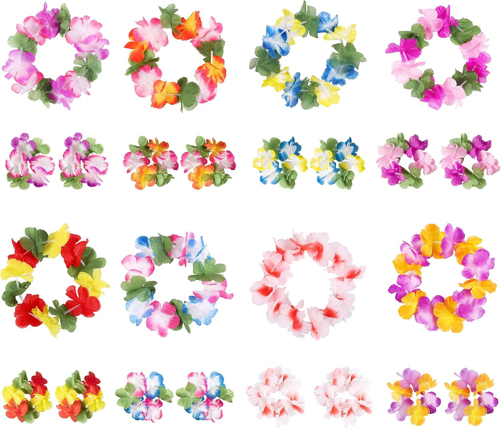 jollylife 60PCS Hawaiian Luau Leis Necklaces Bracelets Headbands Hibiscus Flowers Tropical Tiki Summer Pool Party Supplies Bulk