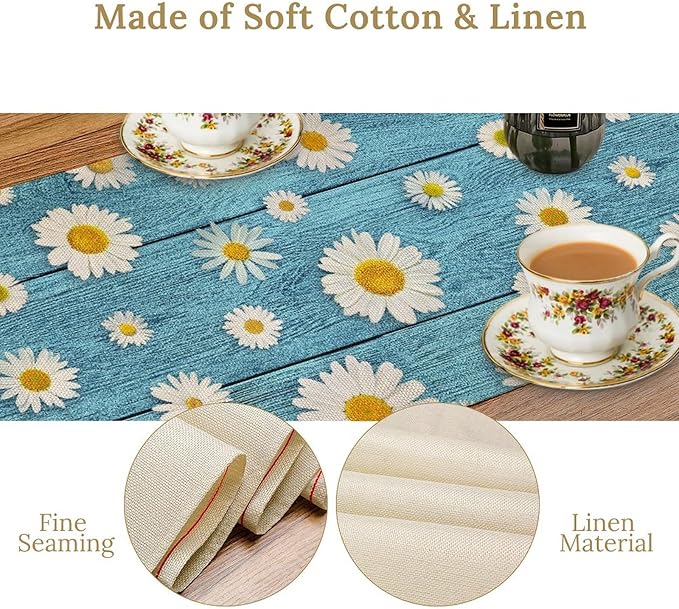 Daisy Floral Table Runner, Rustic Seasonal Spring Wild Flower Rustic Blue Wood Farmhouse Table Center Decor for Home Kitchen Dining Patio Holiday Party Indoor Outdoor Table Decorations, 13"x36" Inch