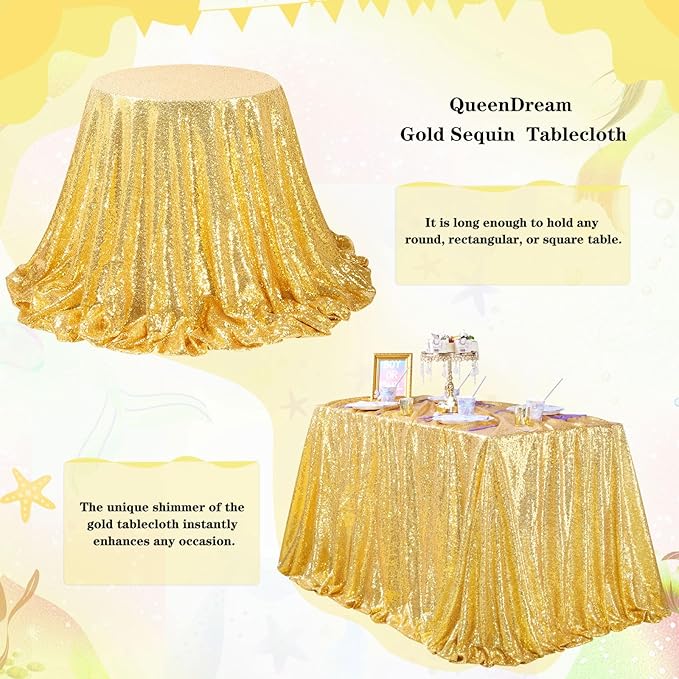 QueenDream Sequin Tablecloth - Gold Tablecloth 50x80 Inch Glitter Table Cloth Sequin Party Fabric for Birthday Birdal Baby Shower Wedding