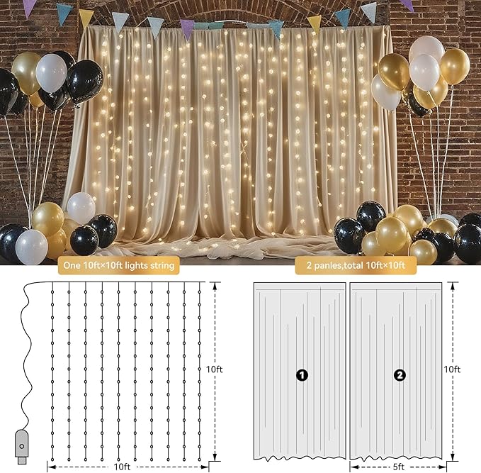 10×10ft Tulle Backdrop Curtains with Lights String - 300LED Fairy Lights Sheer Curtain Backdrop for Weddings Baby Shower and Birthday Party Decorations(4 Panels 5×10ft)