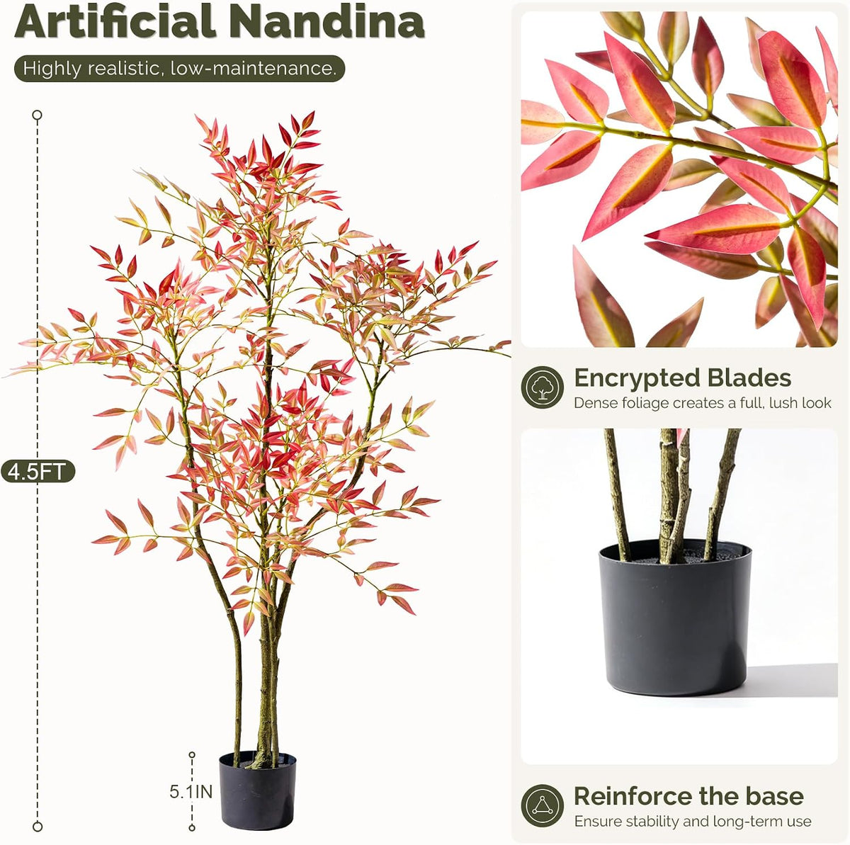 4.6ft Faux Bamboo Tree Artificial Nandina Tree Artificial Indoor Plants Reali...