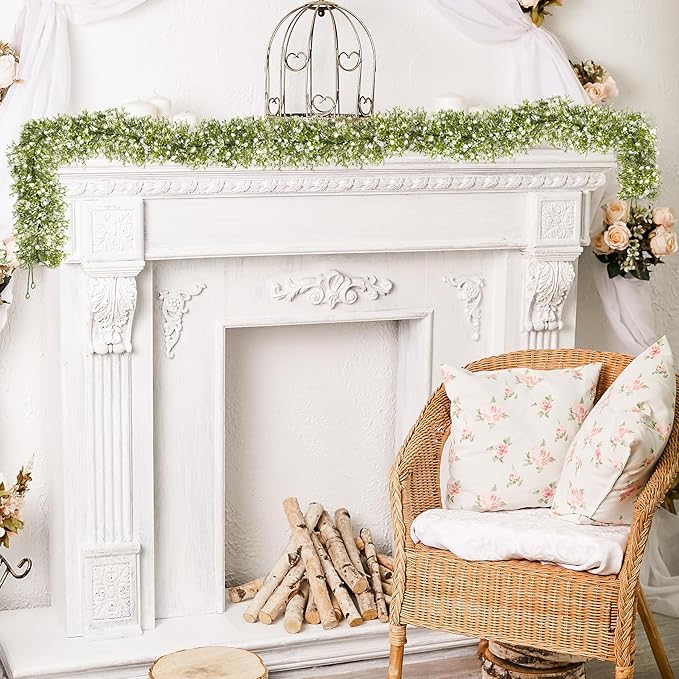 2 Pcs 5.8ft Artificial Baby Breath Flower Vines, Babys Breath Artificial Flowers Real Touch Faux Gypsophila Hanging Fake Baby's Breath Garlands for Wedding and Baby Shower Decor（White）