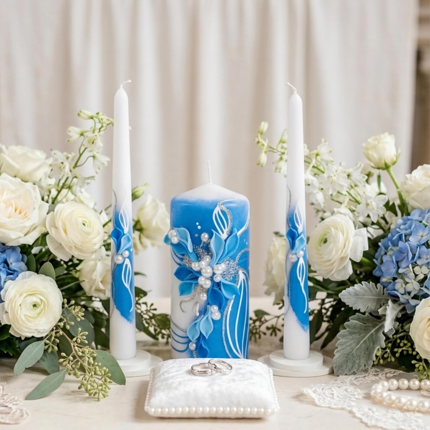 Unity Candle Set for Wedding Ceremony & Reception – 6” Pillar & Two 10” Taper Candles – Wedding Decor for Reception and Church Services – Handmade in USA –White | Royal Blue