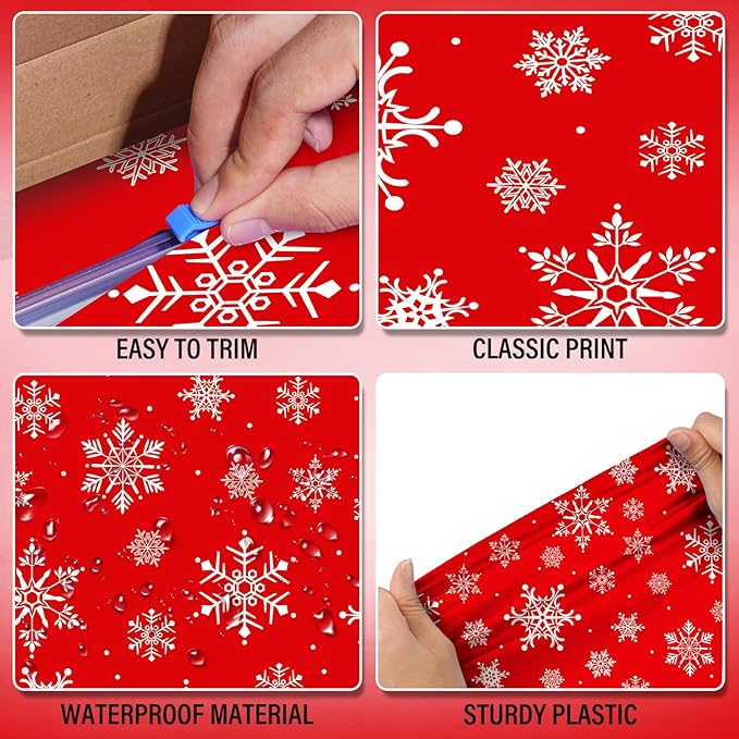 4.5x 100 Feet Roll of Christmas Plastic Tablecloth Decorations,Disposable White Snowflake Red Xmas Table Cover Photography Backdrop with Cutter Box for Winter Christmas Holiday New Year Party Supplies