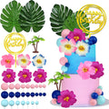 36pcs Hawaiian Flower Cake Decoration Tropical Cake Toppers with Palm Leaves and Summer Flowers Suitable for Summer Themed Birthday Themed Party Supplies (Blue Pink)