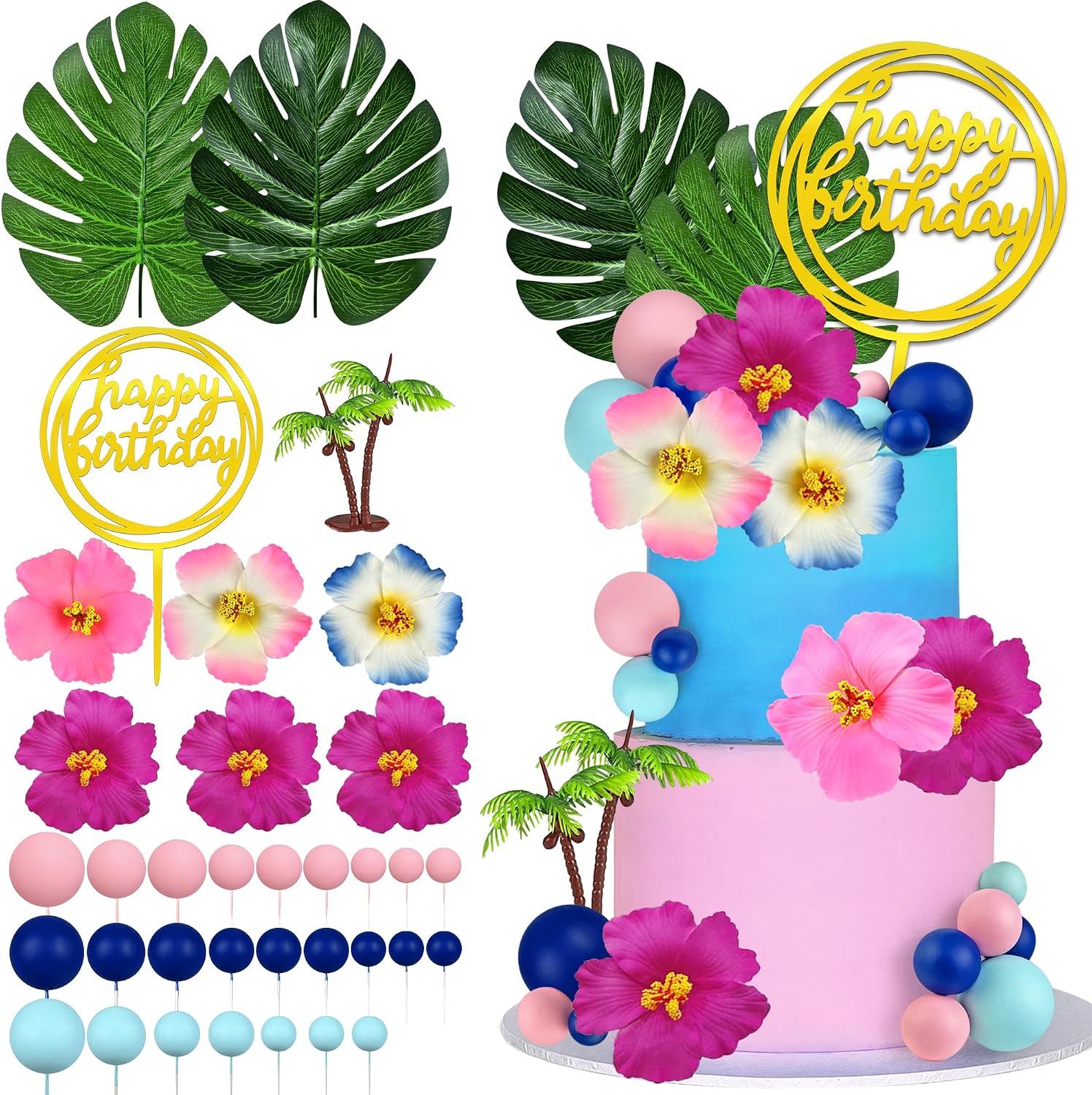 36pcs Hawaiian Flower Cake Decoration Tropical Cake Toppers with Palm Leaves and Summer Flowers Suitable for Summer Themed Birthday Themed Party Supplies (Blue Pink)