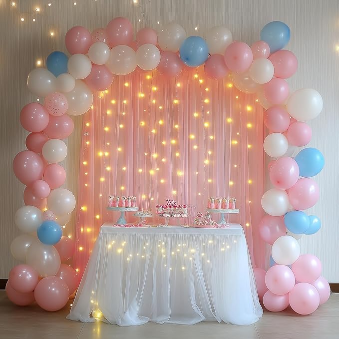 Tulle Backdrop Curtain with Lights String 10FT X 8FT Peach Sheer Tulle Backdrop Curtains for Wedding Birthday Party Reception Photo Booth Background Decorations (2 Panels 5x8FT)