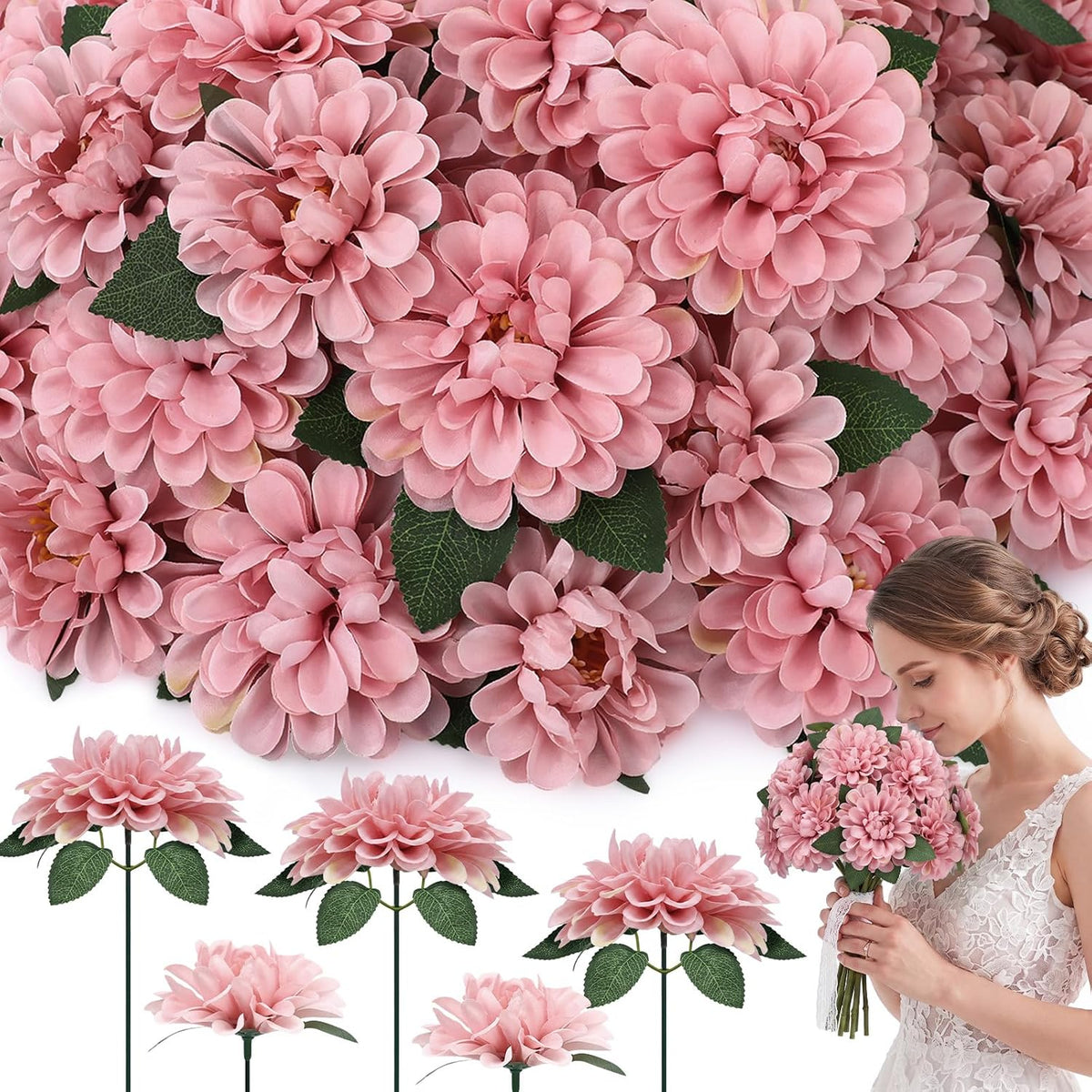 50 set wedding artificial dahlia flower with stems, main product view