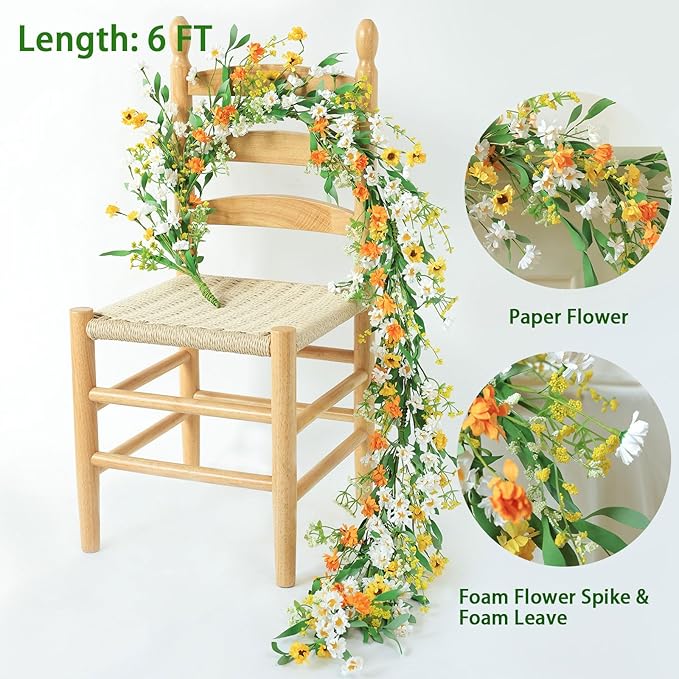 Mizii Artificial Flower Garland 6FT Fake Daisy Floral Garland Daisies Hanging Vines Spring Summer Flowers Decorations for Mantle Table Centerpieces Room Wall Fireplace Party Wedding Decor (Daisy)