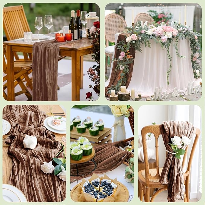 Asee'm 3pcs Cheesecloth Table Runner 120 Inches Long Brown Boho Gauze Cheese Cloth Runner 10FT Rustic Sheer Fall Table Runners for Thanksgiving Christmas Wedding Party Baby Shower Decoration