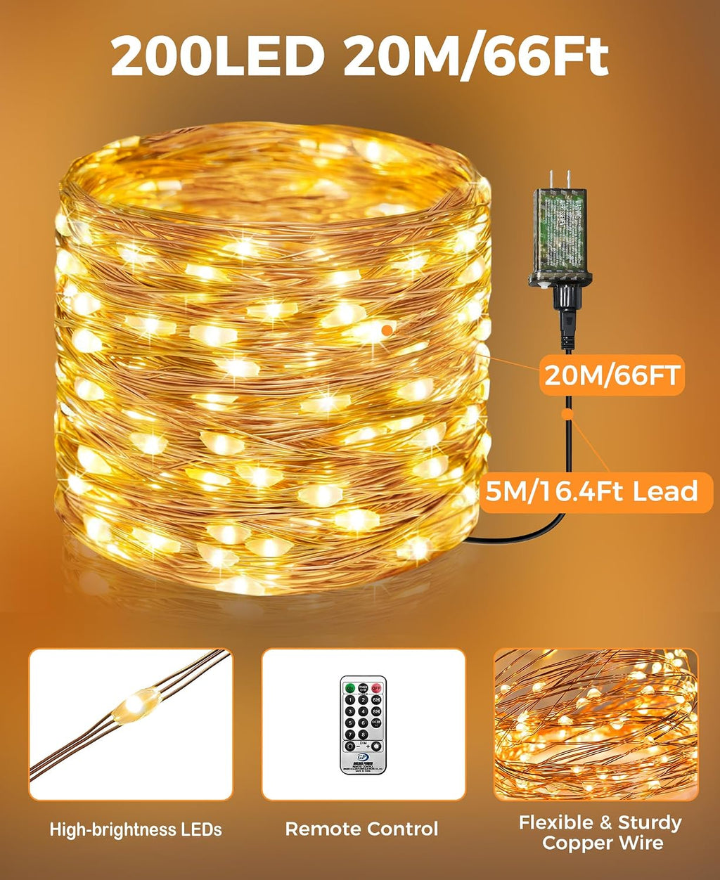 Plug-in Fairy Lights, 66 Ft 200 LED String Light with Remote, 8 Modes, Timer and Dimming Twinkle Lights for Indoor, Bedroom, Party, Decoration, Holiday, Warm White