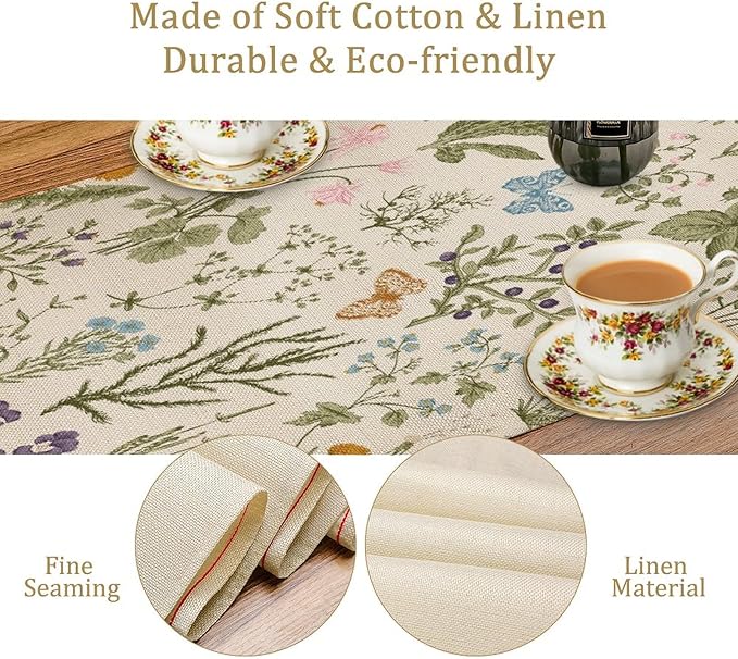 Floral Botanical Table Runner, Garden Spring Flower Botanical Butterfly Animal for Restaurant, Kitchen, Wedding, Party Rectangular Table Runner Decoration,13in（33cm） W * 72in（184cm） L