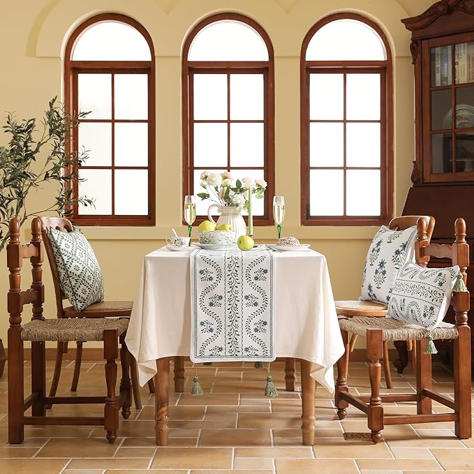 ISAENNE Designer White Elegant Linen Extra Long Table Runner 118 Inches,Chinoiserie Floral Decor Durable Table Runners for Dining Tables,Thanksgiving,Kitchen Tables,Christmas,12"*118"-Mosella D