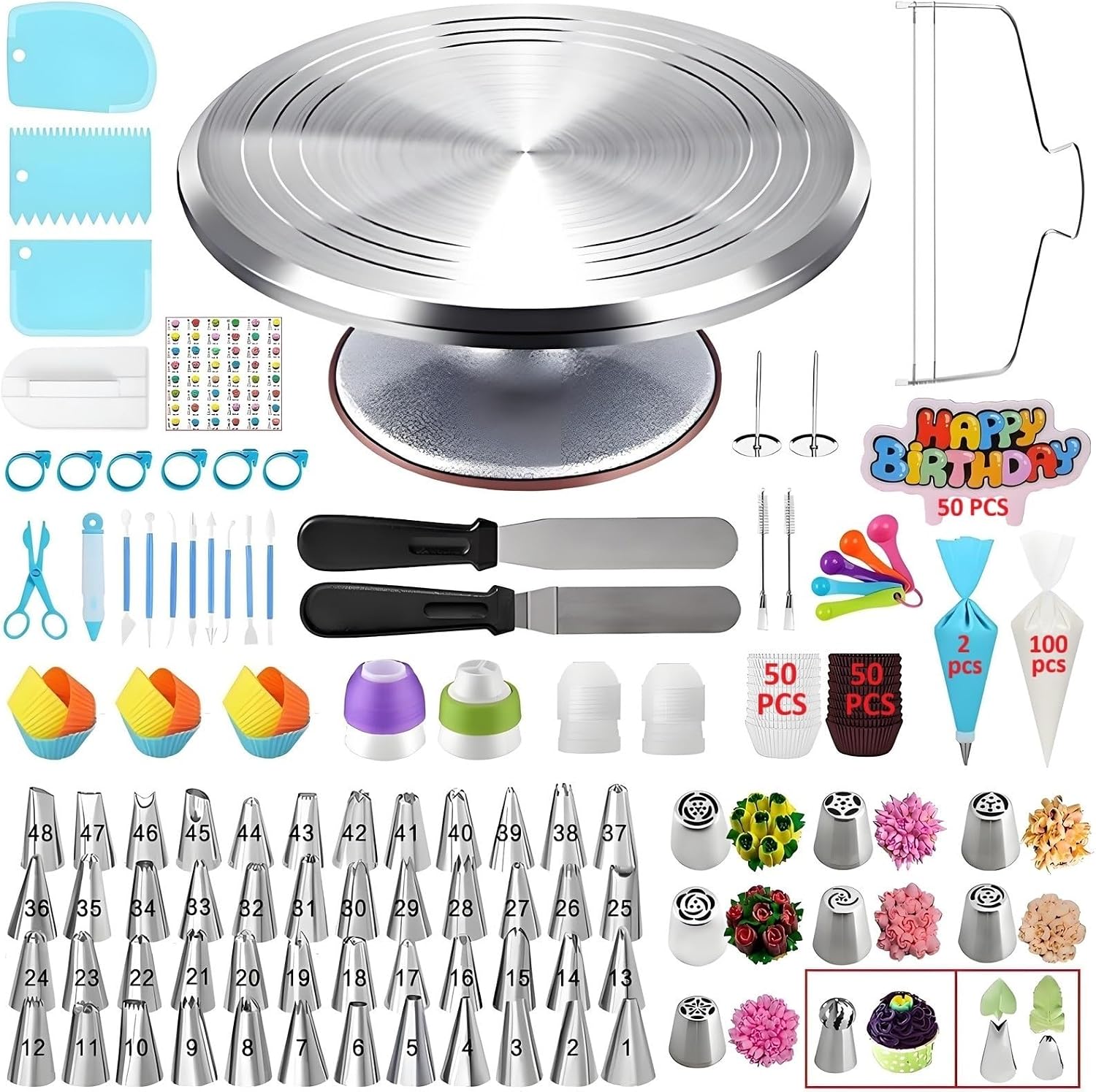 Cake Decorating Kit, 357 Pcs Baking Supplies | Aluminium Cake Turntable, Leveler, 50 Icing Tips, 8 Russian+Ball Tips, 2 Spatulas, 102 Pastry Bags, 109 Cupcake Liners & More