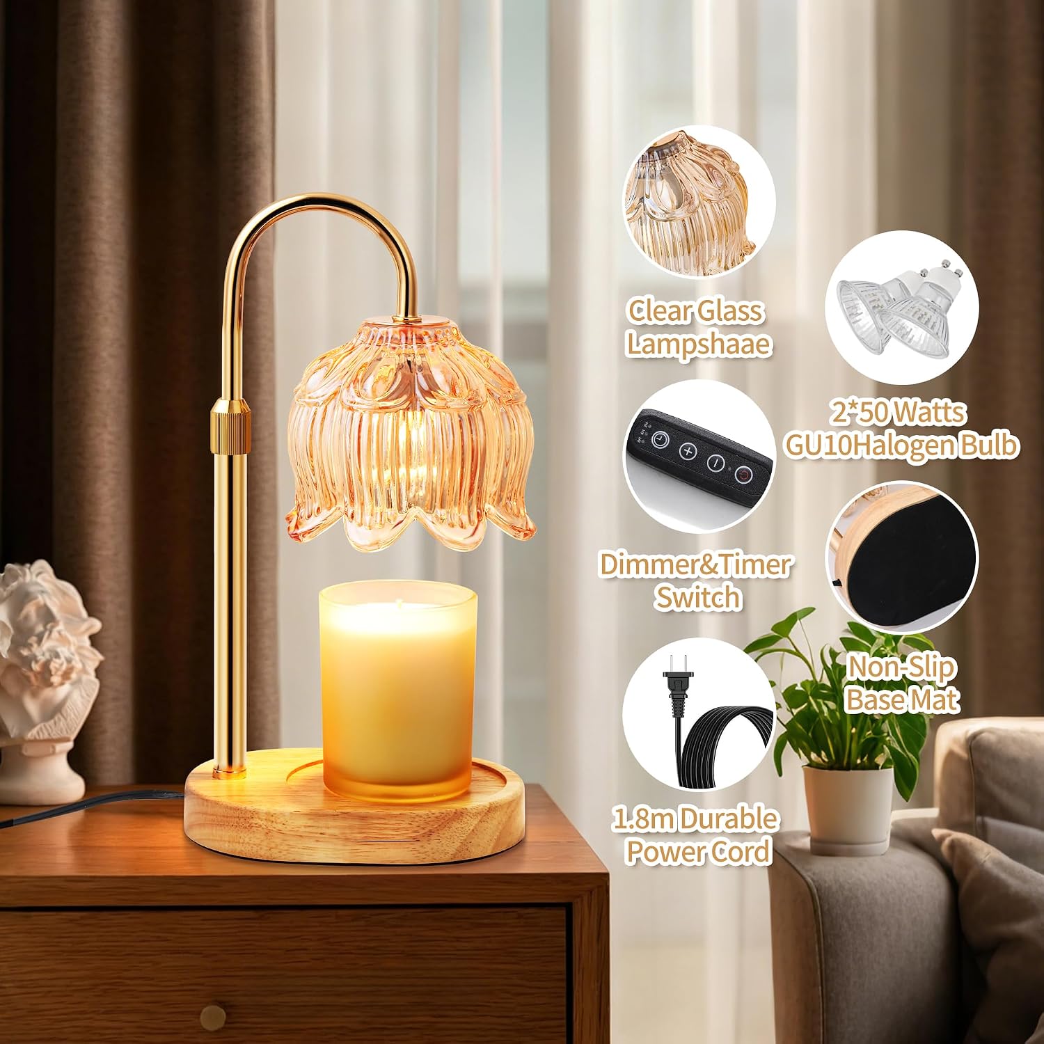 Flower Candle Warmer Lamp for Jar Candles with Timer & Dimmer, Adjustable Height Fits Large Jars up to 7.08" Tall, Flameless Wax Warmer, Cozy Bedroom Home Decor, Gift for Mom Women