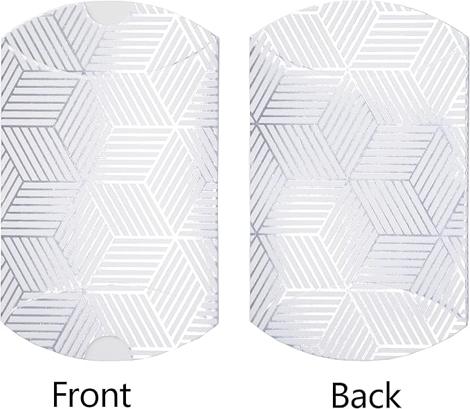 Aokbean 100 Pack Mini Pillow Candy Box Small Gift Boxes with 50 Yards Ribbon for Christmas Wedding Party Favor Gift, Jewelry or Soap Packaging (Silver Stripes)