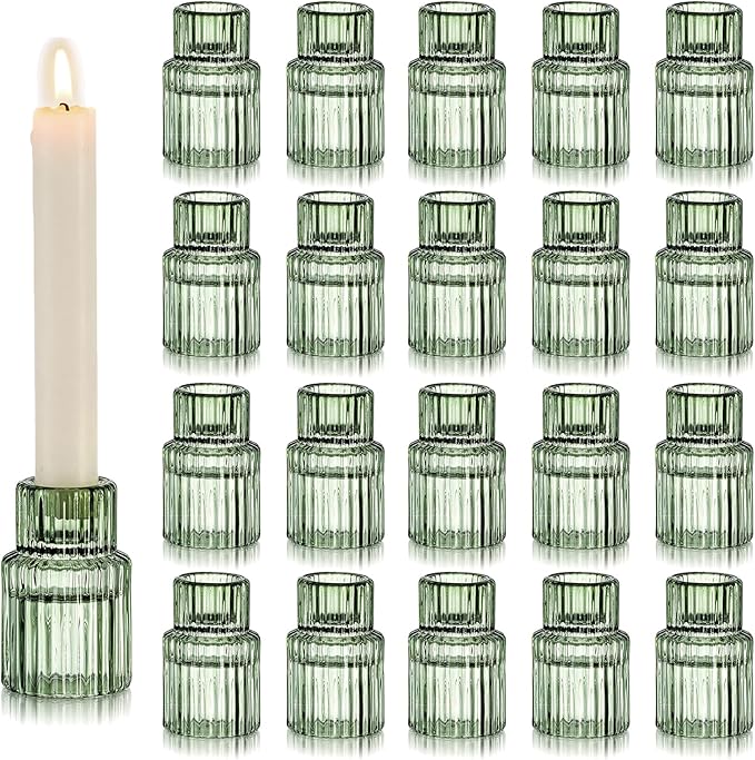 Hewory Glass Taper Candle Holders: 20 PCS Green Vintage Candle Holder Candlestick Holders Bulk, Ribbed Glass Candle Holder Candle Sticks Holder Decor for Table Centerpiece Wedding Christmas Home Decor