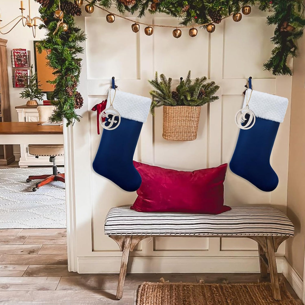 Personalized Christmas Stocking, 19.5 Inch Blue Velvet Christmas Stocking with Gold Wooden Letter Ornament - Fireplace Holiday Decor (Blue paw)