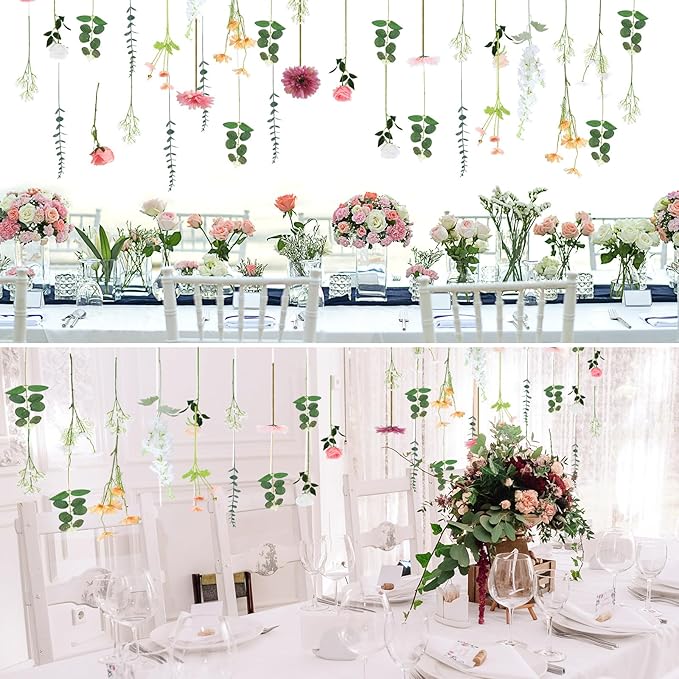 Hoteam 26 Pcs DIY Flower Garland Artificial Hanging Wildflower Backdrop Set Fake Rose Eucalyptus Daisy Poppy Wild Flower Decor for Wedding Party Birthday Home Garden (White,Champagne,Pink)