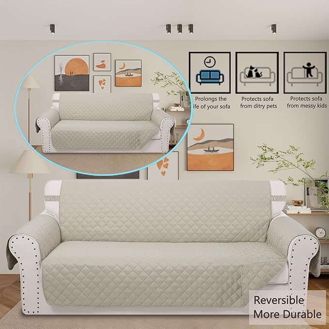 Reversible Oversized Sofa Covers Couch Cover Furniture Protector for Dogs Elastic Straps Water Resistant(XLSofa,Beige/Beige)