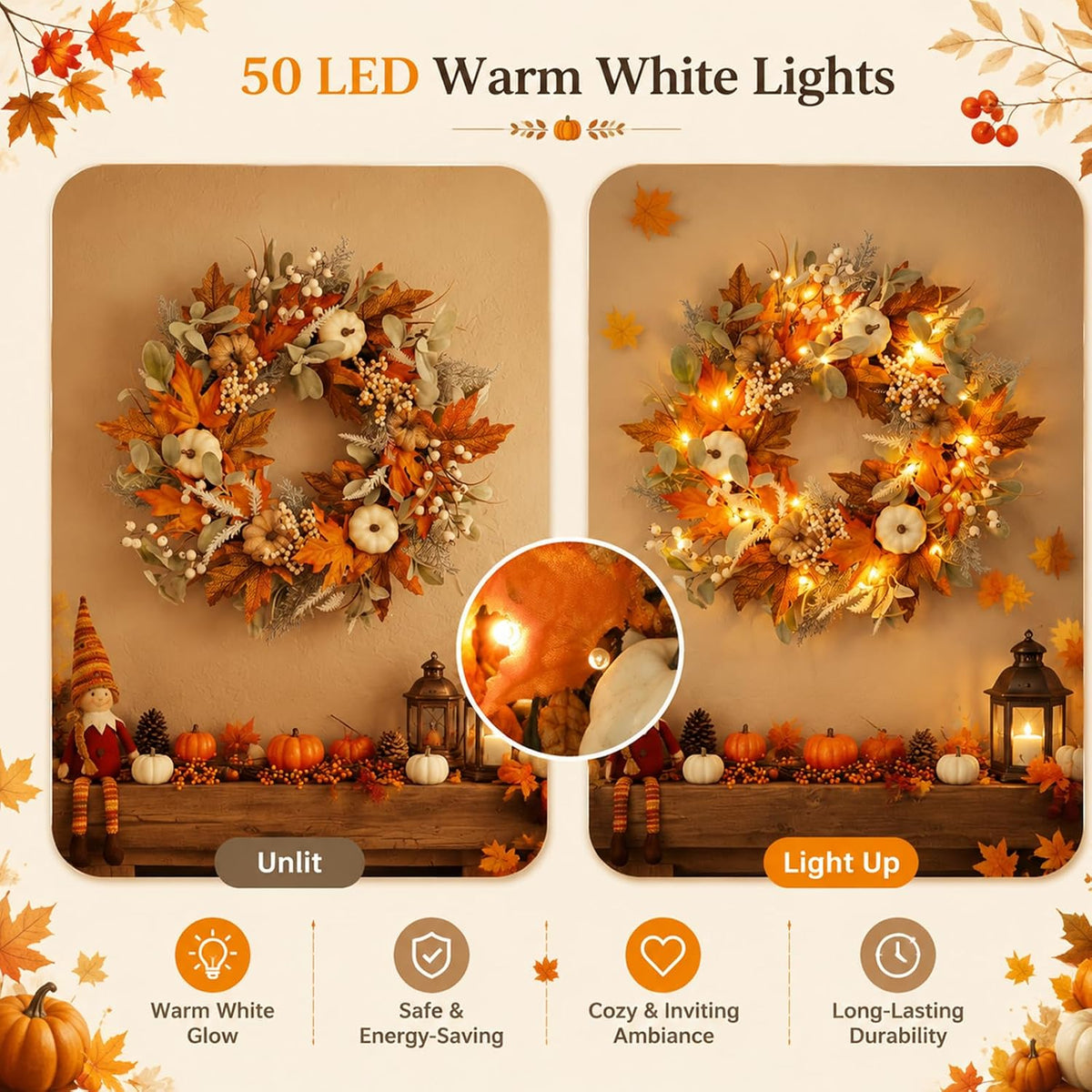 24IN Fall Wreath Prelit for Front Door, Halloween, Thanksgiving Decor