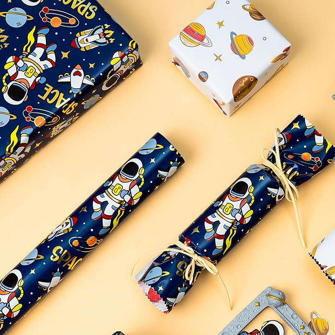 Yarcony Space Wrapping Paper Roll, Birthday Wrapping Paper for Boys, Navy Blue Astronaut Gift Wrap for Kids Birthday Outer Space Party Decor RocketShip Wrap Galaxy Planets Stars (30 Inch X 33 Feet)