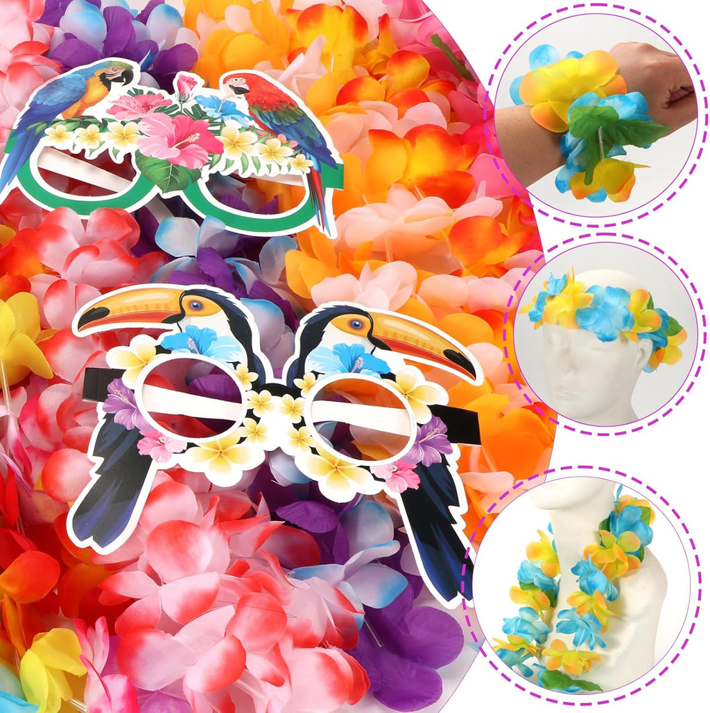 Atonofun 80 PCS Leis for Luau Party Decorations- Hawaiian Leis Bulk, Luau Party Glasses, Colorful Bracelets, Flower Headbands for Adults Tropical Birthday Summer Beach Luau Party Favors Supplies