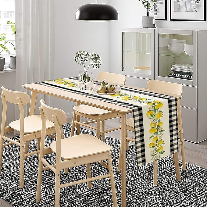 Lemon Table Runner,Black Buffalo Plaid Lemon Table Runner Farmhouse Style Spring Summer Home Kitchen Dinding Room Table Decoration 13x108 Inch