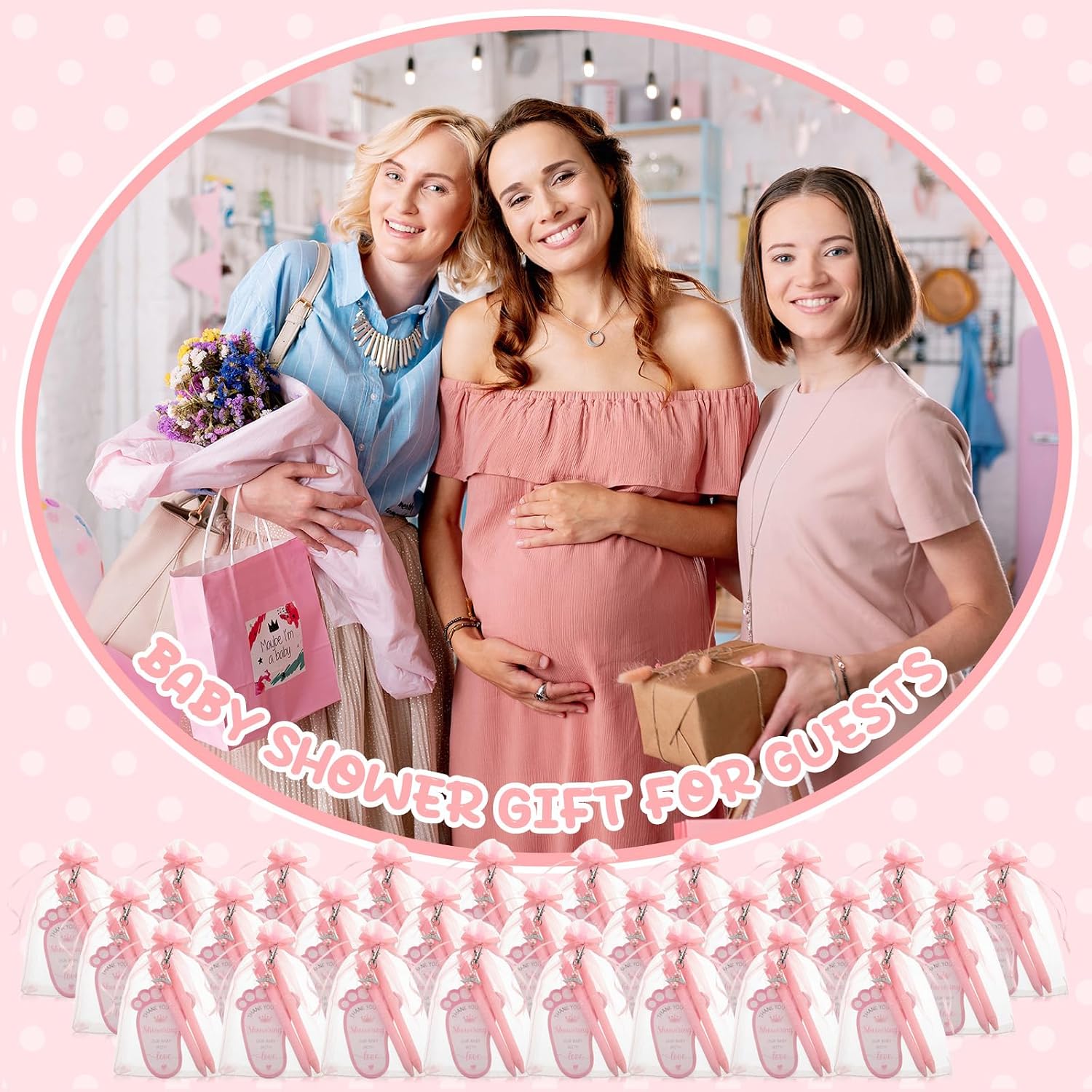 Ctosree 250 Pcs Baby Shower Favors Includes Ballpoint Pens Angel Keychains Organza Bags Thank You Cards for Guest Gifts Baby Shower Gender Reveal Party(Pink,It's a Girl)