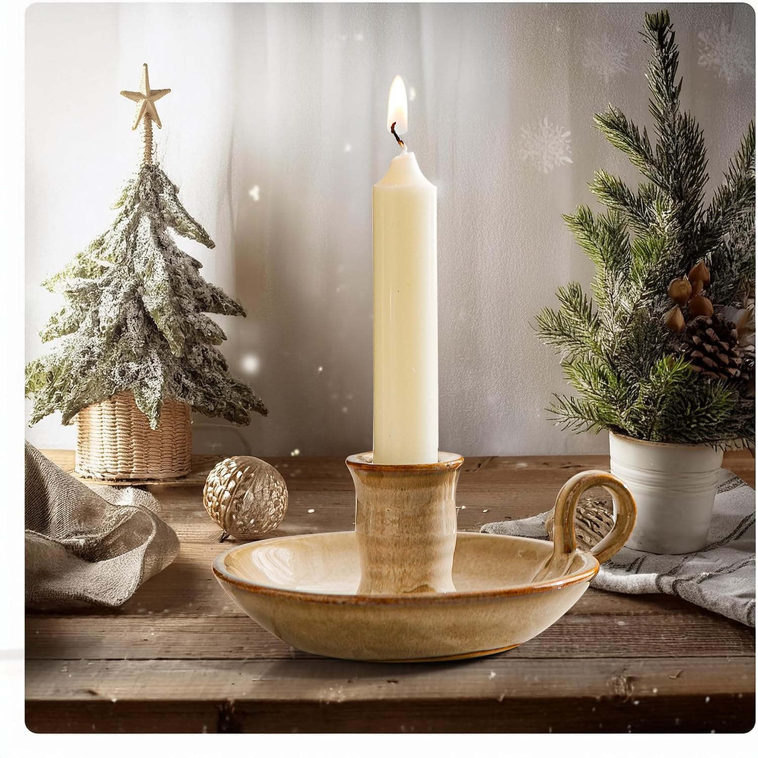 Candlestick Holder, Vintage Ceramic Candle Holder for Taper Candles, Spell Candles, and Incense, Farmhouse Candlelight Stand with Handle for Home, Dining Table, Halloween, Christmas Decor
