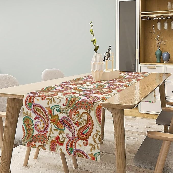 Colorful Paisley Table Runner, Boho Vintage Pink Red Teal Floral Leaves Print Table Runner for Home Kitchen Dining Table Holiday Party Decor, 13x90inch