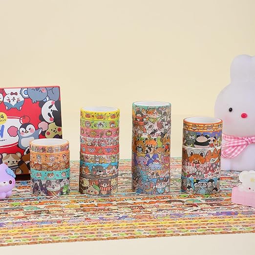 24 Rolls Colorful Cute Cartoon Animal Writable Washi Tape Set, Decorative Tapes for Scrapbooking and Journaling, Junk Journal Supplies, Bullet Journaling for Women Girl 8-15mm Wide 9.84ft Long/Roll