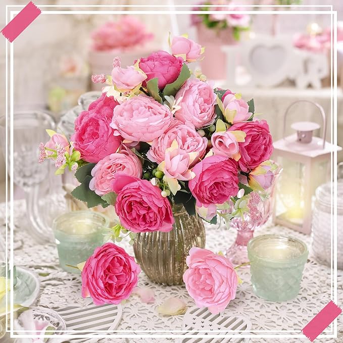 8 Bundles Artificial Peonies Flowers Boho Faux Flowers Arrangements Artificial Centerpiece Spring Bouquet Floral Wedding Decoration for Vase(Pink Series)