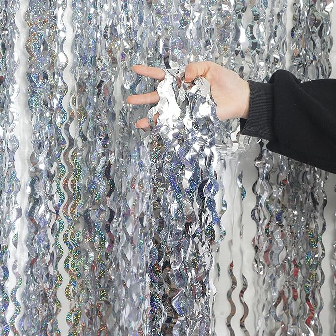 4 Pack 3.3 ft x 6.6 ft Silver Metallic Tinsel Foil Fringe Curtains - Door Streamers for Photo Booth Christmas Day Thanksgiving Wedding New Year Party Decorations
